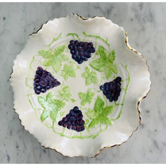 Majolica Ceramic Hand Painted Candy Dish Bowl Grape Design Gold Trim Signed JLM - Picture 10 of 16